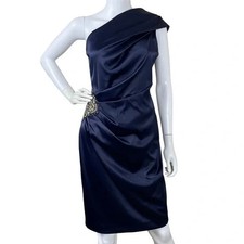 Eliza J One-Shoulder Pleated Satin Beaded Rhinestone Cocktail Dress Blue Size 6