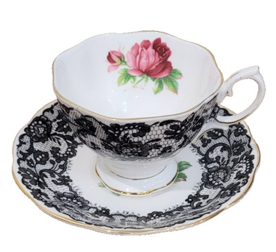 Vintage Royal Albert Senorita Black Lace Rose Bone China Tea Cup And Saucer Set