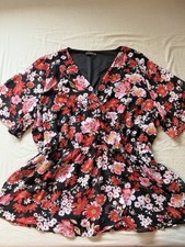 Quiz Floral Wrap Style Peplum Top Black Pink Red Bloom Cottagecore Summer UK 26