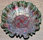 FENTON THISTLE CRIMPED RUFFLED EDGE GREEN CARNIVAL GLASS BOWL NO CHIPS 8 1/2"