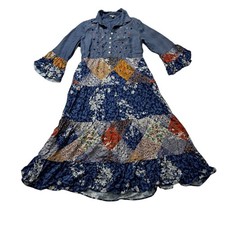NWT John Mark Maxi Dress Women's Small Blue Patchwork Embroidered Boho Tiered