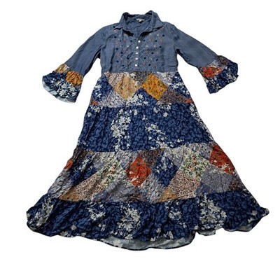 NWT John Mark Maxi Dress Women's Small Blue Patchwork Embroidered Boho Tiered
