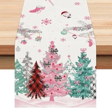 Merry Christmas Tree Table Runner 13x72 Inch Pink Green Xmas Trees Snowflakes 