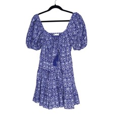 ZARA Printed Puff Sleeve Peasant Mini Dress Blue Tassel Tie Smocked Women's S