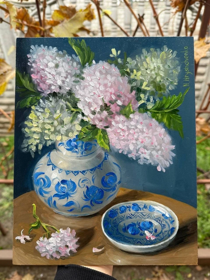 Bodegón Hortensia en Jarrón Cerámica Azul Vintage Pintura al Óleo Original Foto 3 de 4
