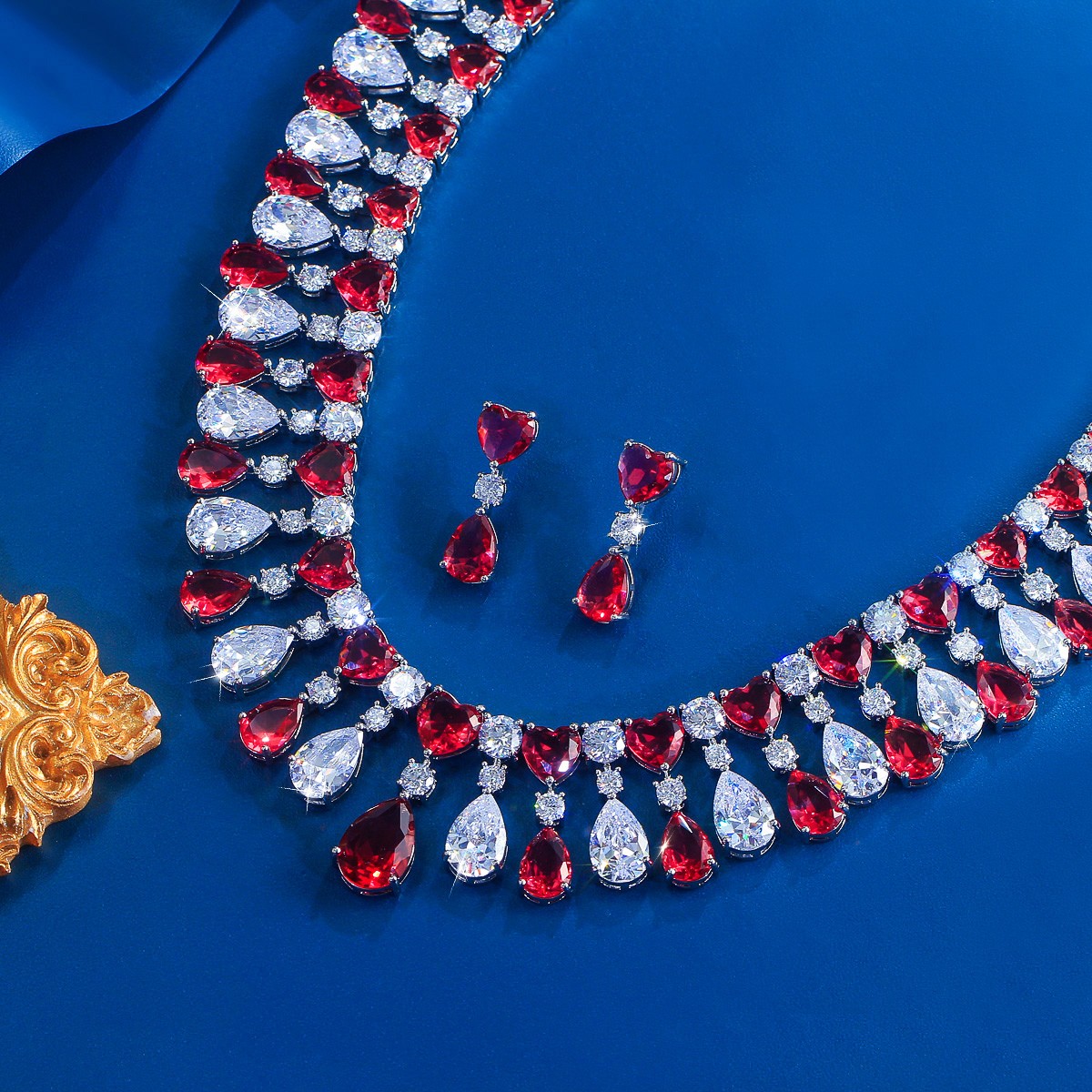 Red Water Drop CZ Wide Tennis Necklace Earrings Silver Plated Bridal Jewelry Set