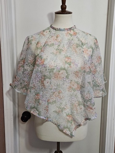 Vintage 1960s Sheer Blue Pink Floral Cover Up Capelet Size Small