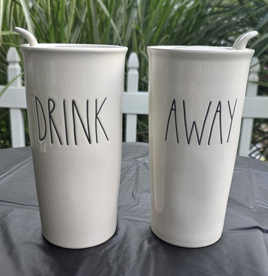 Rae Dunn Artisan 16 oz White Ceramic Travel Mugs w/Lids Set of 2 DRINK AWAY