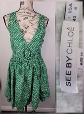 SEE by CHLOE Fit Flare Mini Dress SZ 4 green geometric sleeveless Silk Flounce