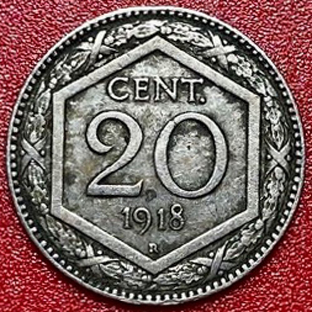 ITALY 1918-R 20 CENTESIMI STRUCK OVER 1894 20 CENTESIMI ITALIAN