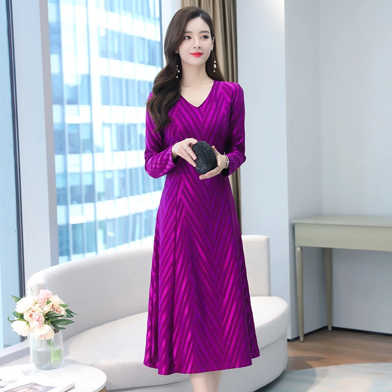 VETEMENTS Abito donna midi linea A manica lunga scollo a V slim ufficio lavoro festa elegante