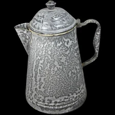 Beautiful Antique Grey Speckled Graniteware Kettle Coffee Pot!