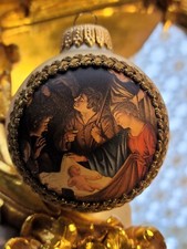  Vintage West Germany Christmas Ornament Blown Glass Bulb Satin Nativity Scene  