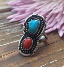 Turquoise  Coral Sterling Silver Ring  Boho Rings  Boho Jewelry