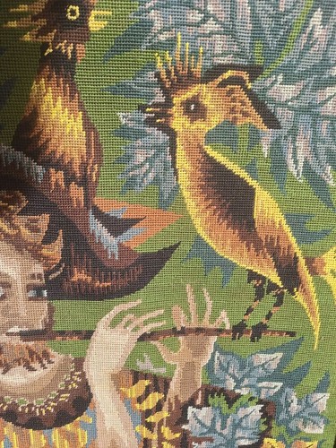 Tapisserie canevas Ancien 1950 "L'oiseleur"style Lurcat Tableau Vintage Encadré - Photo 6 sur 8