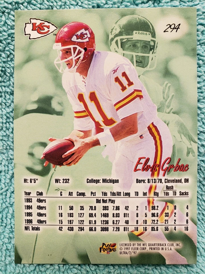 1997 FLEER ULTRA ELVIS GRBAC #294 KANSAS CITY CHIEFS - Image 4 of 4