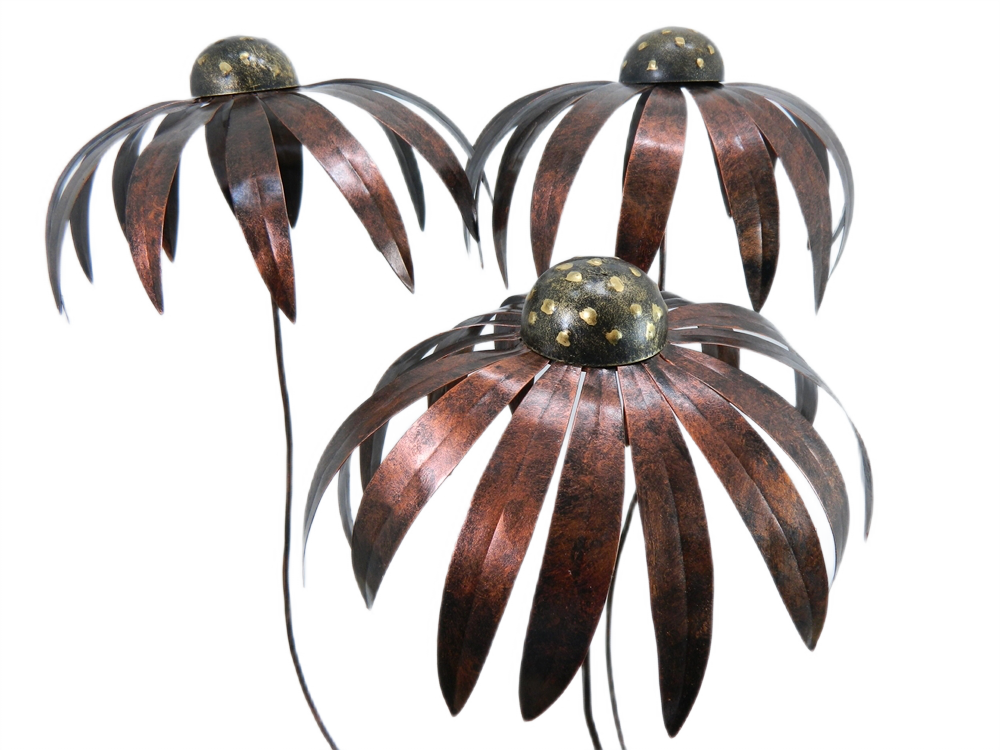 Metal Echinacea Daisy Flower Garden Ornament - Set Of 3 Extra Large BRONZE