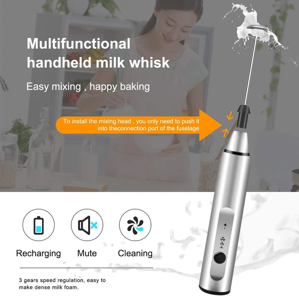 Milk Frother Handheld, Gbivbe Rechargeable Whisk Drink Mixer for Sliver