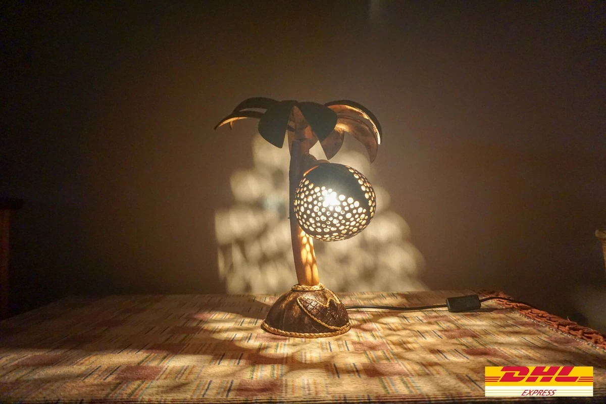 Coconut Tree Shell Table Bed Lamp Lighting Thai Handmade Home Decoration Wooden