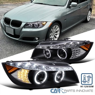 Black Fits 2006-2008 BMW E90 325i 328i Sedan LED Halo Projector Headlights Lamps