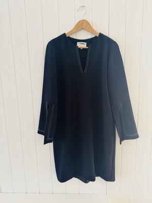 Veronika Maine Tunic Dress Size 10 Black White Stitching 3/4 Slit Sleeve 