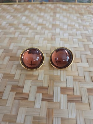 Vtg Cabochon Clip On Earrings Gold Tone Unique Color Gem 1'' Luxe Grunge Granny 
