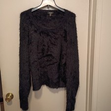 DKNY Women's Sweater Long Sleeve Size XL Dark Blue Fuzzy 100% Nylon 