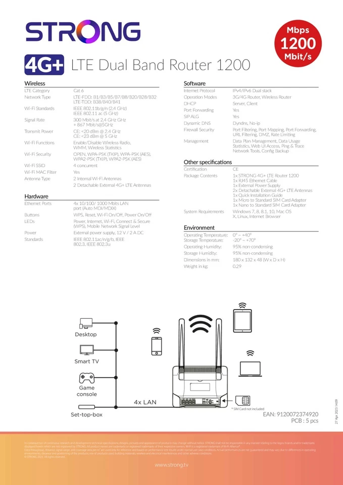 STRONG 4G+ LTE Router 1200 Dual‑SIM CAT6 AC1200 Gigabit 4× LAN 300/1200Mb/s - Image 3 of 4