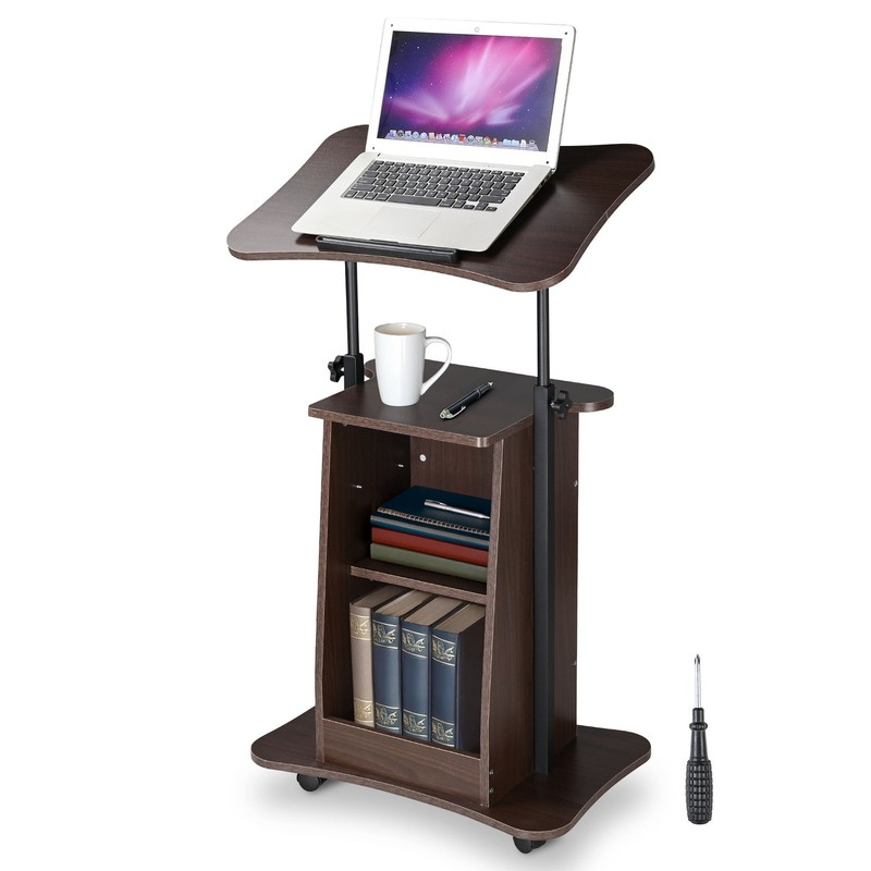 Yescom Wood Podium Stand with 4-360° Lockable Wheels Pulpits for Churches Brown