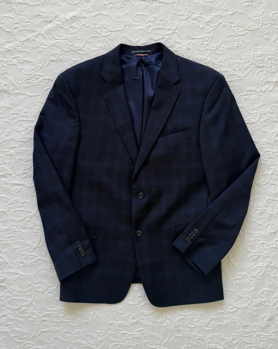 Tommy Hilfiger Mens Plaid Jacket Blue 40S Plaid Blazer Sport Coat Wool Blend