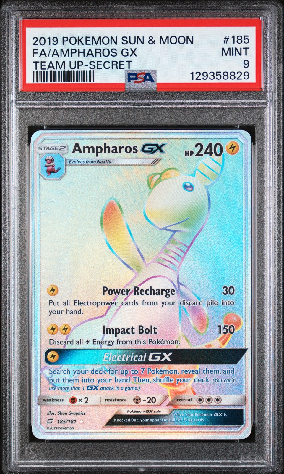2019 POKEMON SUN & MOON TEAM UP SECRET #185 FULL ART/AMPHAROS GX PSA 9
