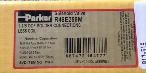 Parker-Sporlan R46E259M 1 1/8"" ODF NC REFRIGERATION SOLENOID VALVE
