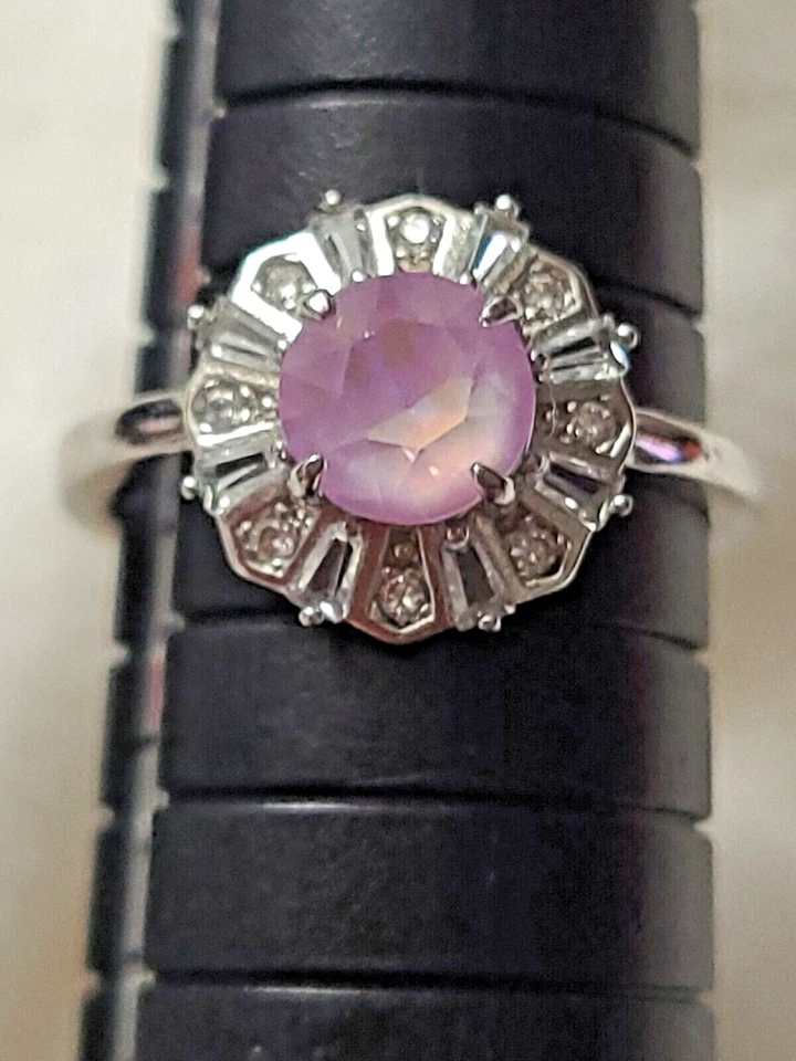 Silvertone Ring, Size 6.5, Purple and White Rhinestones, Elegant Vintage Jewelry - Image 2 of 4