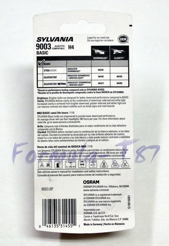 Sylvania Basic 9003 HB2 H4 60/55W Una Bombilla Cabeza Luz Doble Haz Repuesto DOT - Imagen 3 de 12