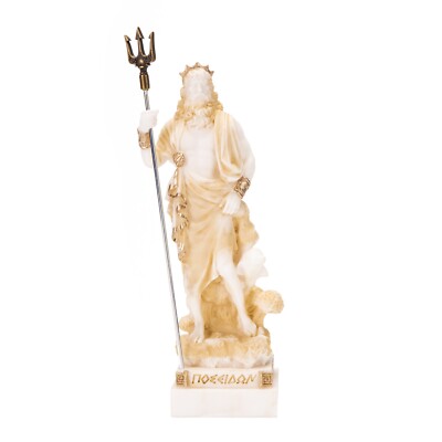 Poseidon Greek God of The Sea with Trident Statue Figurine Gold Alabaster 7 Inch