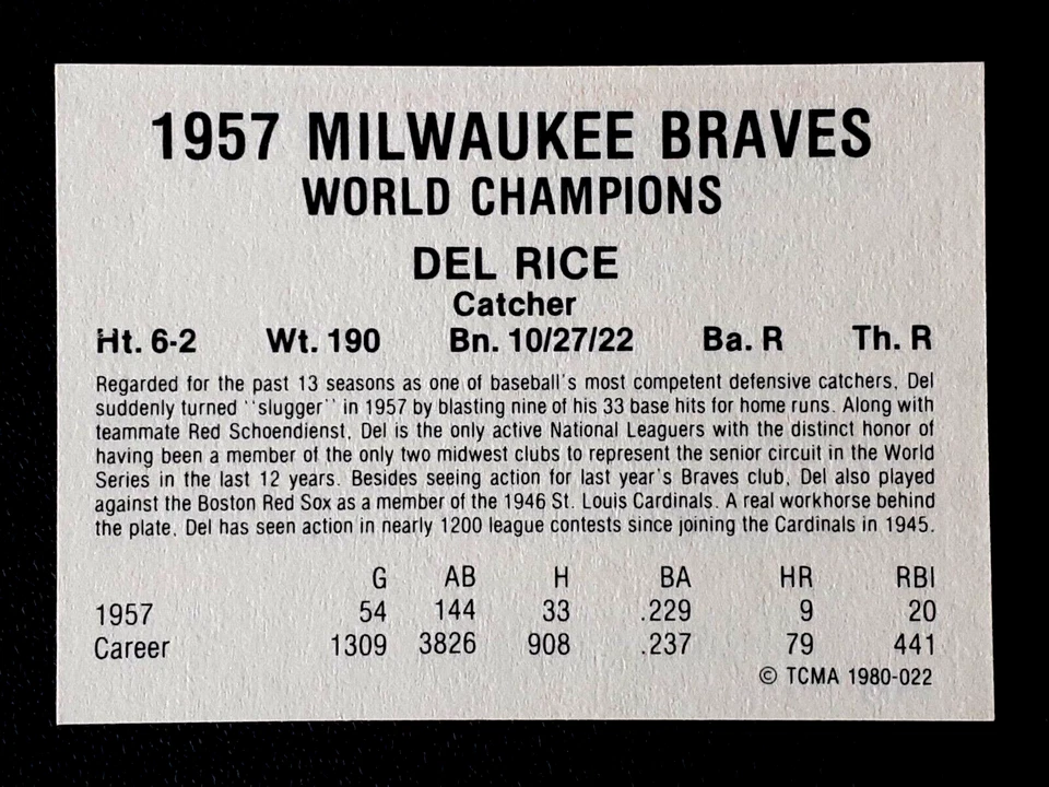 DEL RICE 1980 BRAVES 1957 TCMA NO 22       63645 - Image 2 of 2