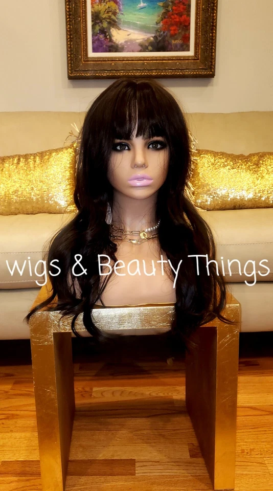 Peluca completa larga ondulada rizada Shag Bangs mezcla cabello humano negro arco iris Foto 2 de 4