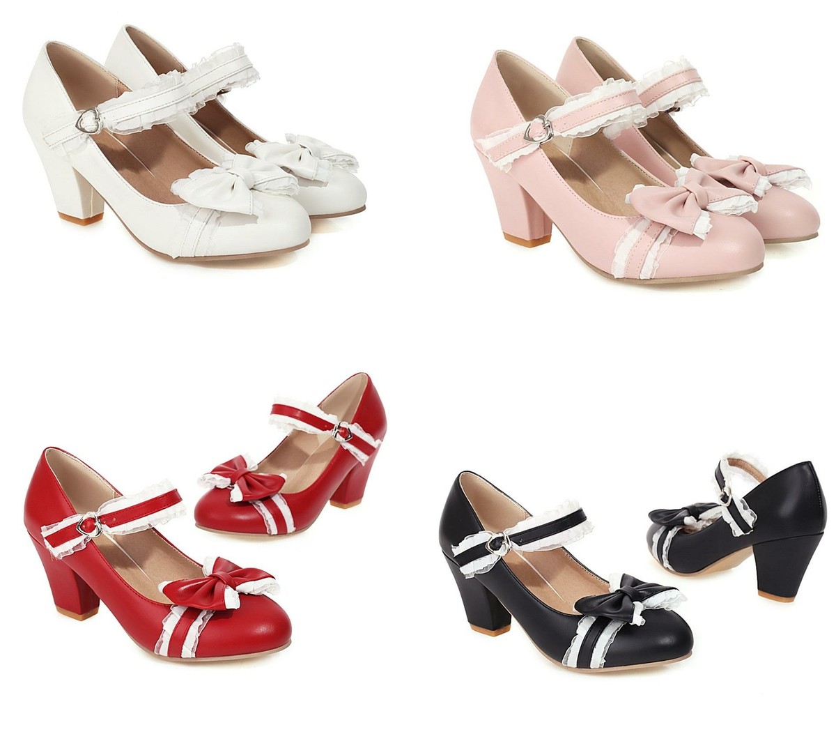 Bowknot Women's Mary Jane Shoes Lace Block Heels Round Toe