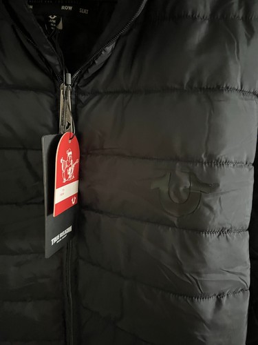Men's True Religion Black Logo Puffer Full Zip Jacket Coat Size Medium 105664 - Picture 4 of 5
