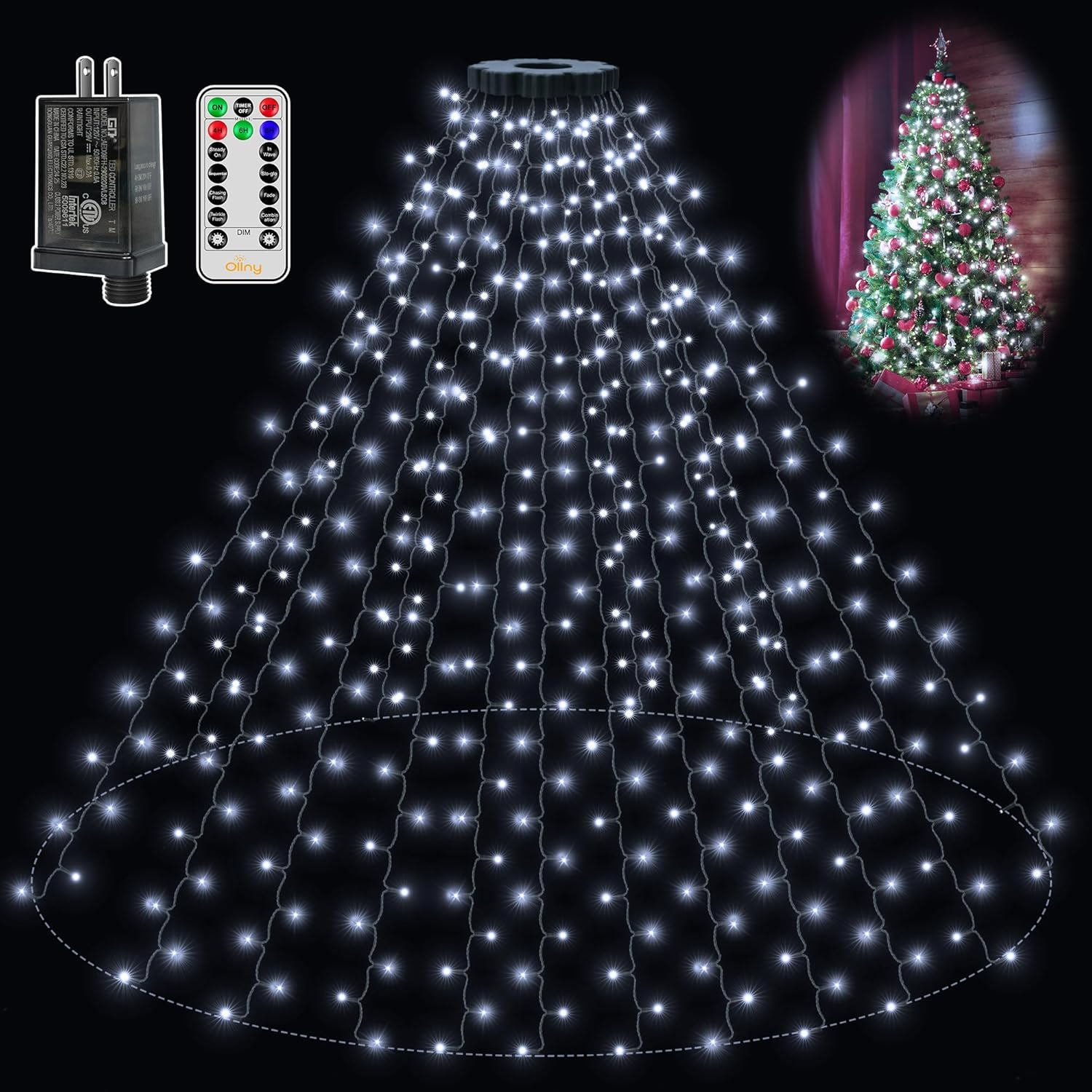 400LED 16-String Christmas Tree Lights 8.2ft with Ring 8 Modes 3 Timers