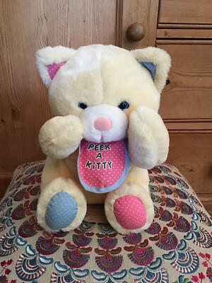 Vintage Top Toys Peek A Kitty gelbe Katze Kätzchen weiches Plüschtier 10 Zoll Made in Korea