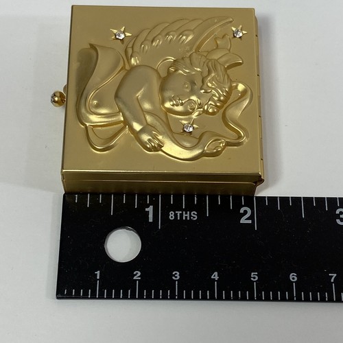 Cherub Angel Pill Jewelry Box Gold Tone Metal & Rhinestones Hinged Lid 2" Square - Picture 14 of 14