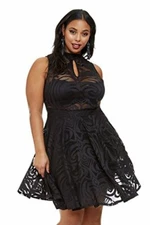 FTF Women's Plus Size Sleeveless Abrielle Mock Neck Flare Mesh Dress Black 1x
