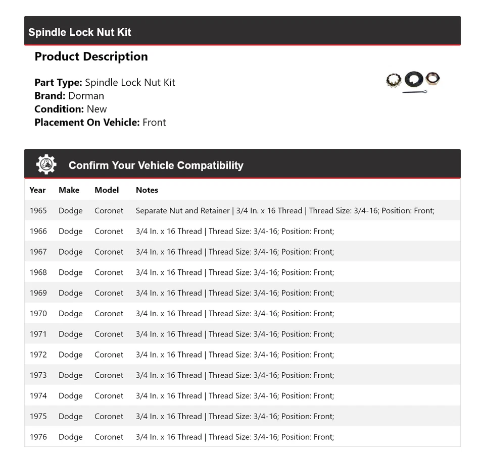 适用于 1965 - 1976 道奇 Coronet Dorman 主轴锁螺母套件前 1966 1967 1968 — 第 2/4 张图片
