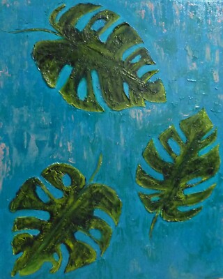 Textured Oil Painting, Split-Leaf Philodendron Plant Leaves, 100% Hand-Painted