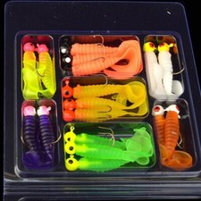 17pcs Metal Jig Head Fishing Hooks with 17pcs Soft Worm Lure Grub Bait
