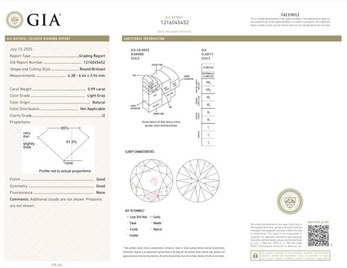 0.99 CARAT ROUND BRILLIANT GIA CERTIFIED LIGHT GRAY I2 CLARITY DIAMOND - Picture 3 of 3