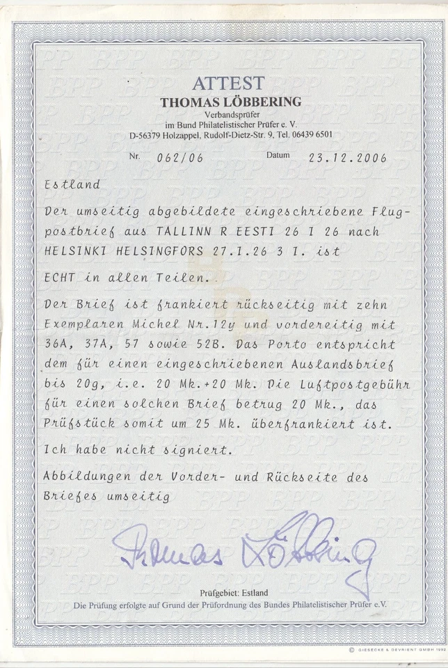 RS25669/ ESTONIA – 1926 – MI # 36A + 37A + 57 + 52B + 12y (x20) ON COVER + CERTI - Image 3 of 4