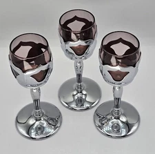 Purple Cambridge Glass Silver Tone Metal Stemmed Faberware Cordial Glasses Set 3