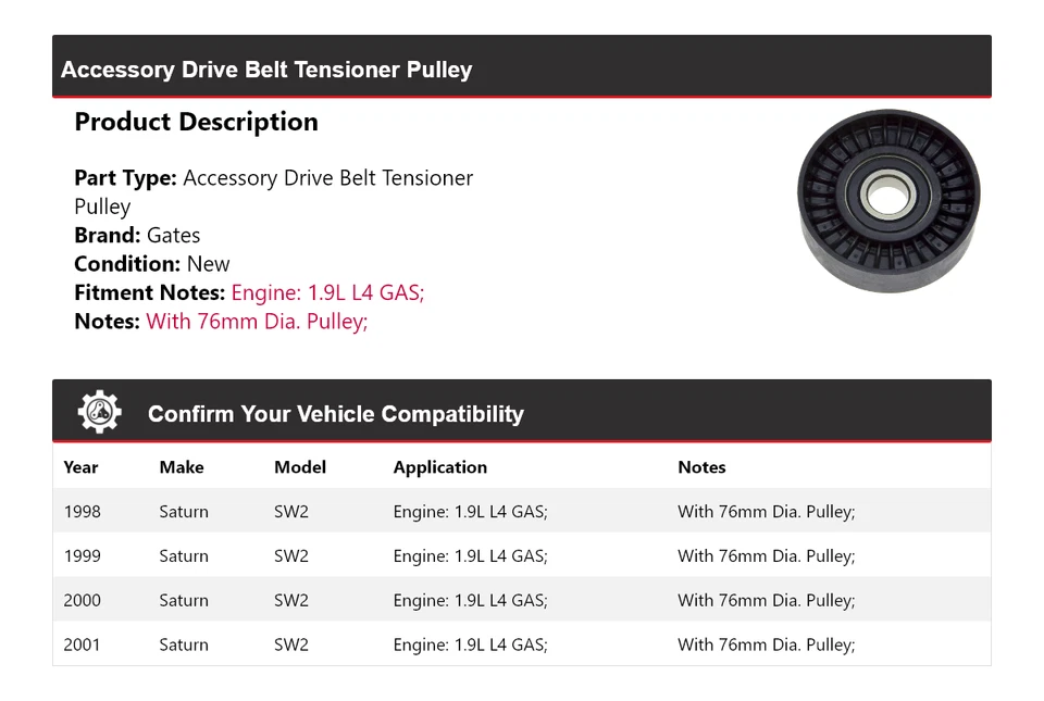 For 1998-2001 Saturn SW2 1.9L L4 GAS Accessory Drive Belt Tensioner Pulley Gates - Image 2 of 4
